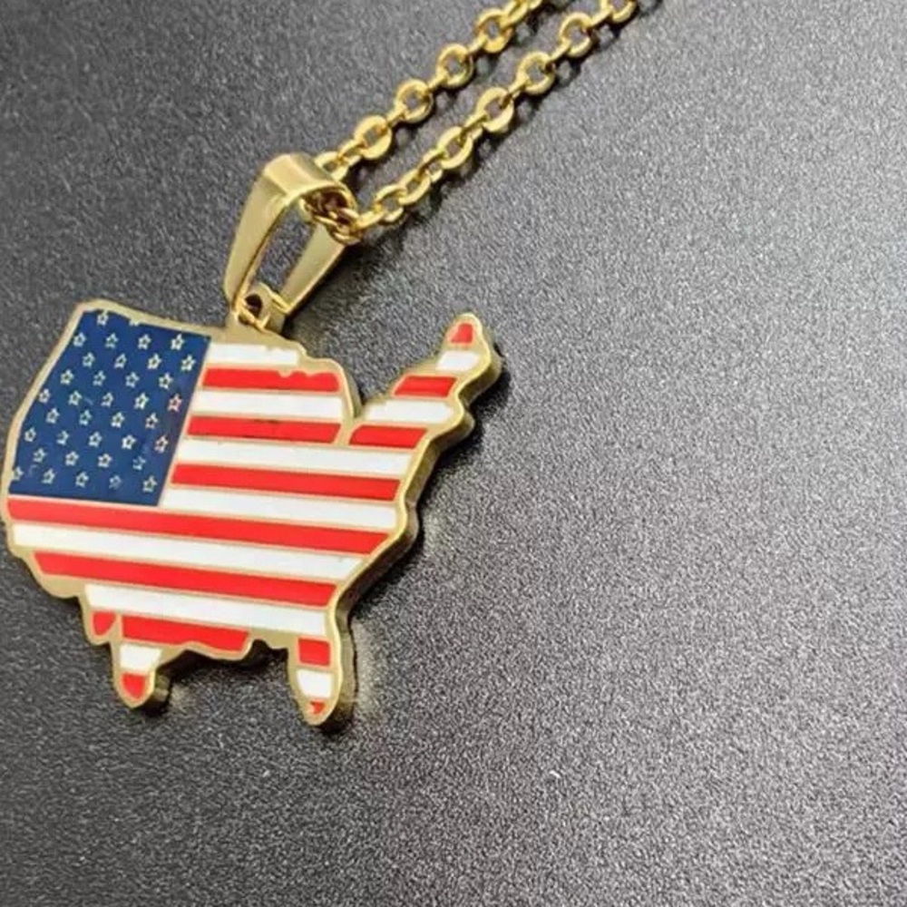 Gold-Tone USA Map Pendant Necklace with Red, White & Blue Enamel